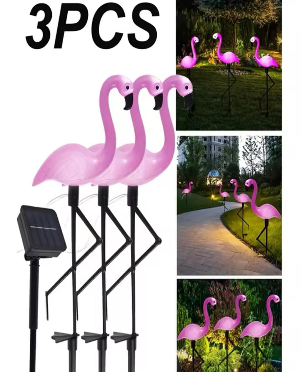 Conjunto de Flamencos solares color rosa, incluye 3 flamencos, No requieren electrica se recargan con la luz del sol