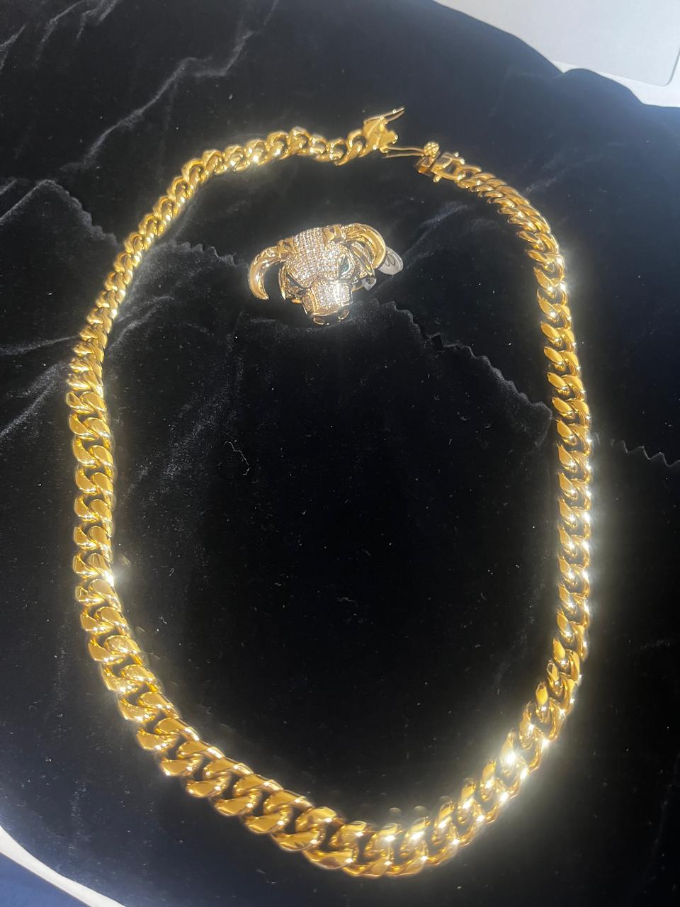 Conjunto de cadena 10mm x 52 cms acero inoxidable con chapa de oro 18 k incluye 1 anillo Cabeza Toro
