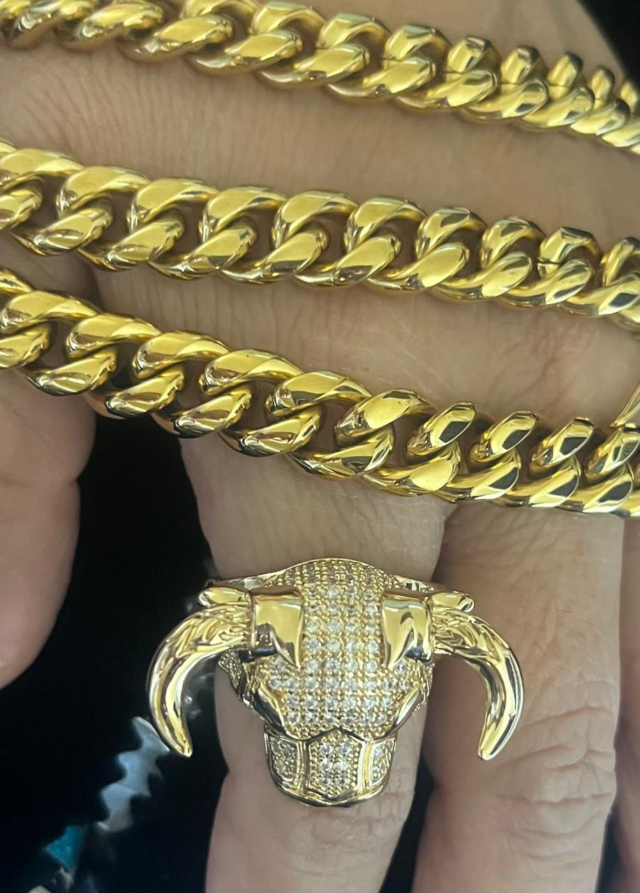 Conjunto de cadena 10mm x 52 cms acero inoxidable con chapa de oro 18 k incluye 1 anillo Cabeza Toro