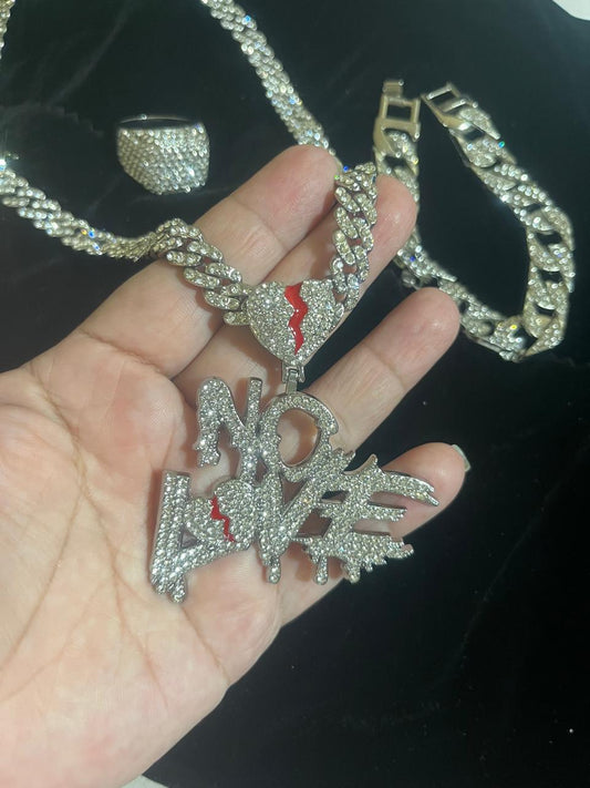 Conjunto de 3 piezas cadena con dije , esclava y anillo del #12, acero diamantado plateado,