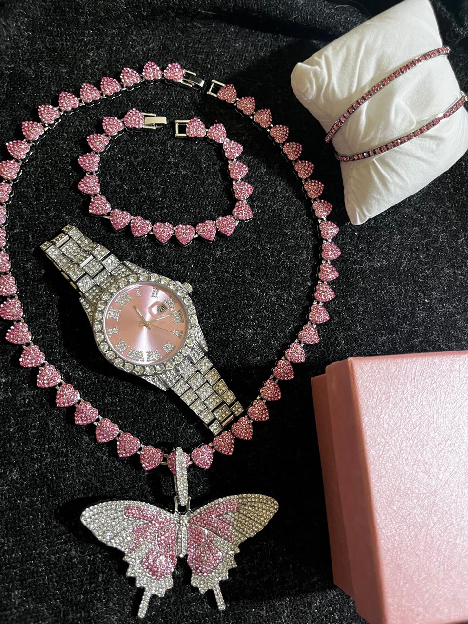 Conjunto de joyería de aleación de acero con incrustación de pedrería color rosa