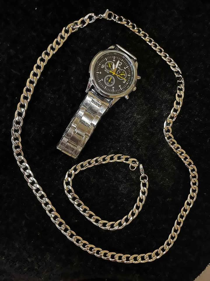 Conjunto de joyería de acero inoxidable incluye reloj carátula negra, cadena de 5 mm por 60 cm de largo, esclava de 20 cm de ancho