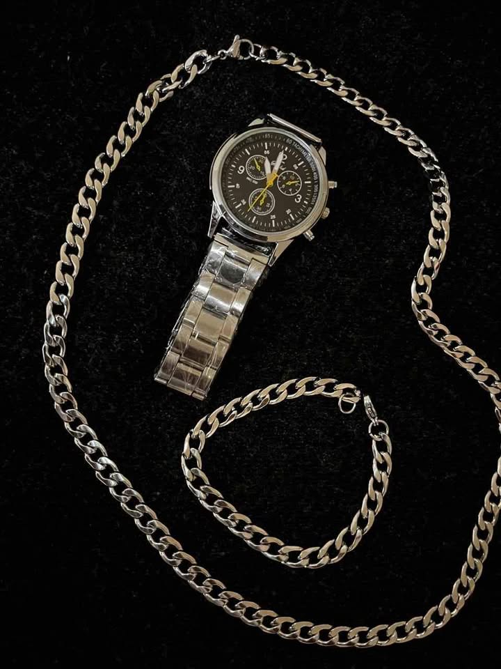 Conjunto de joyería de acero inoxidable incluye reloj carátula negra, cadena de 5 mm por 60 cm de largo, esclava de 20 cm de ancho
