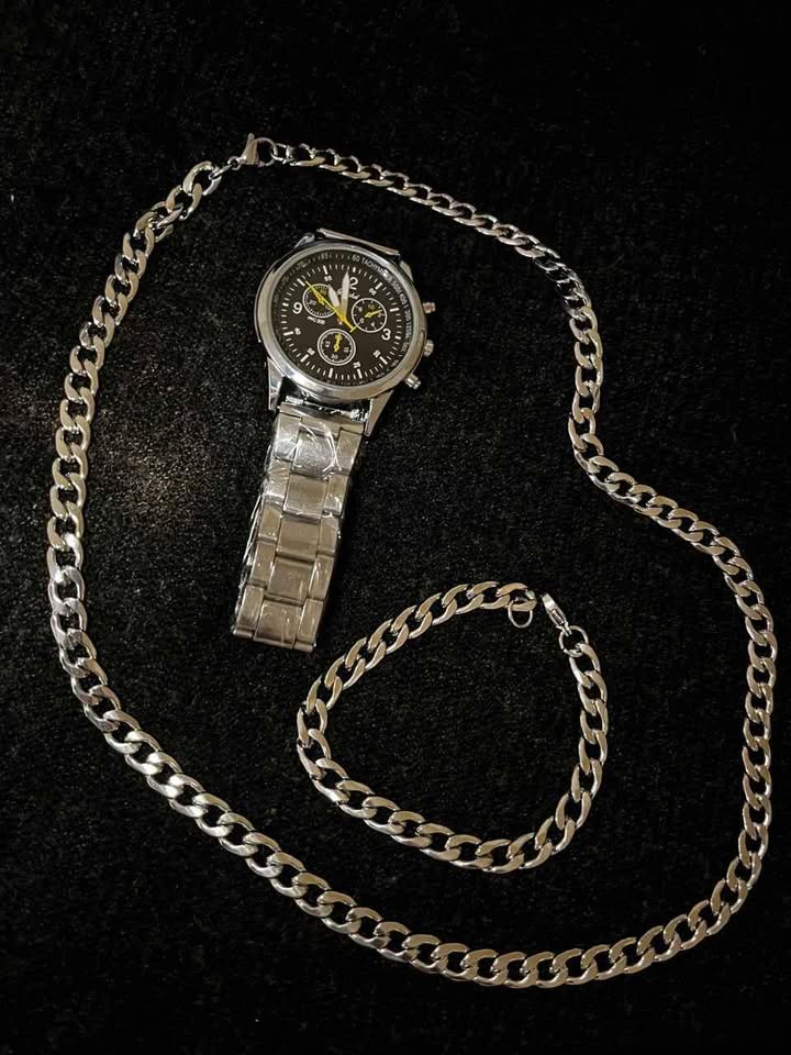 Conjunto de joyería de acero inoxidable incluye reloj carátula negra, cadena de 5 mm por 60 cm de largo, esclava de 20 cm de ancho
