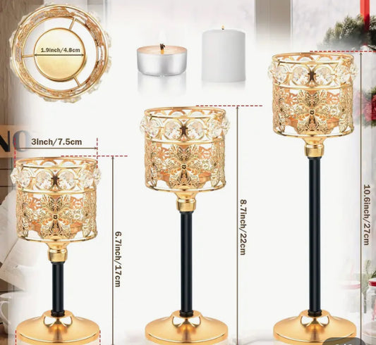 Conjunto de 6 portavelas color Dorado, hechas de acero, 7 piezas, ideal para decorar centros de mesa o decoración.(6 piezas)