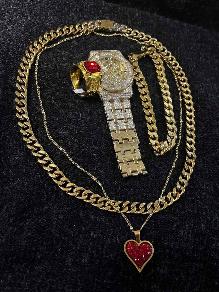 Conjunto de joyería de acero inoxidable, incluye cadena y esclava chapadas en oro de 18 k