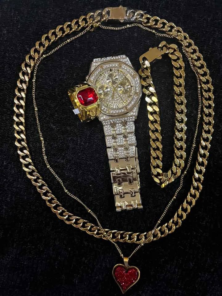 Conjunto de joyería de acero inoxidable, incluye cadena y esclava chapadas en oro de 18 k