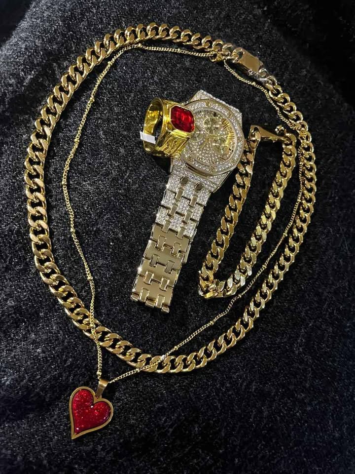 Conjunto de joyería de acero inoxidable, incluye cadena y esclava chapadas en oro de 18 k