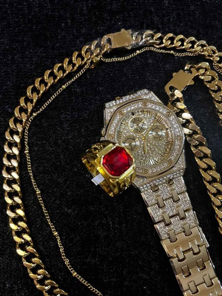 Conjunto de joyería de acero inoxidable, incluye cadena y esclava chapadas en oro de 18 k