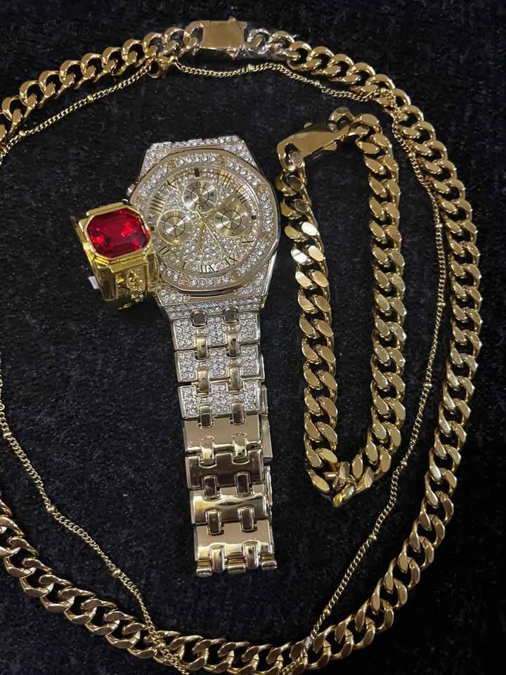 Conjunto de joyería de acero inoxidable, incluye cadena y esclava chapadas en oro de 18 k