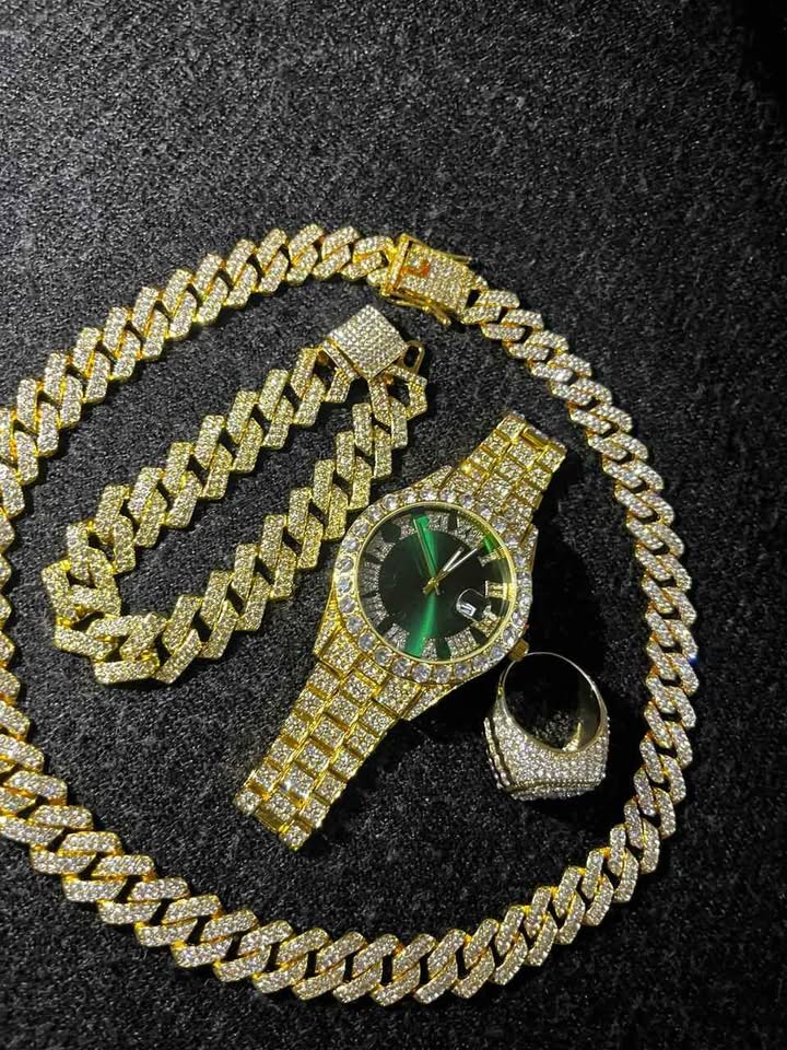 Conjunto de joyería estilo cubano de aleación de acero color dorado, reloj carátula verde
