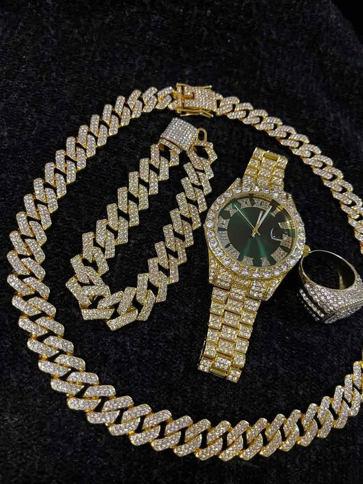 Conjunto de joyería estilo cubano de aleación de acero color dorado, reloj carátula verde