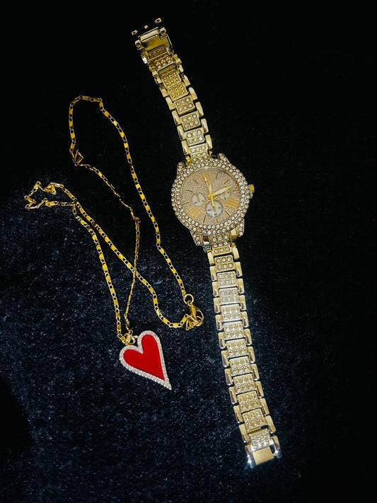 Conjunto De Reloj De Acero, Color Dorado, Diamantado Incluye Cadena De Acero Inoxidable Con Dije De Corazón Color Dorado