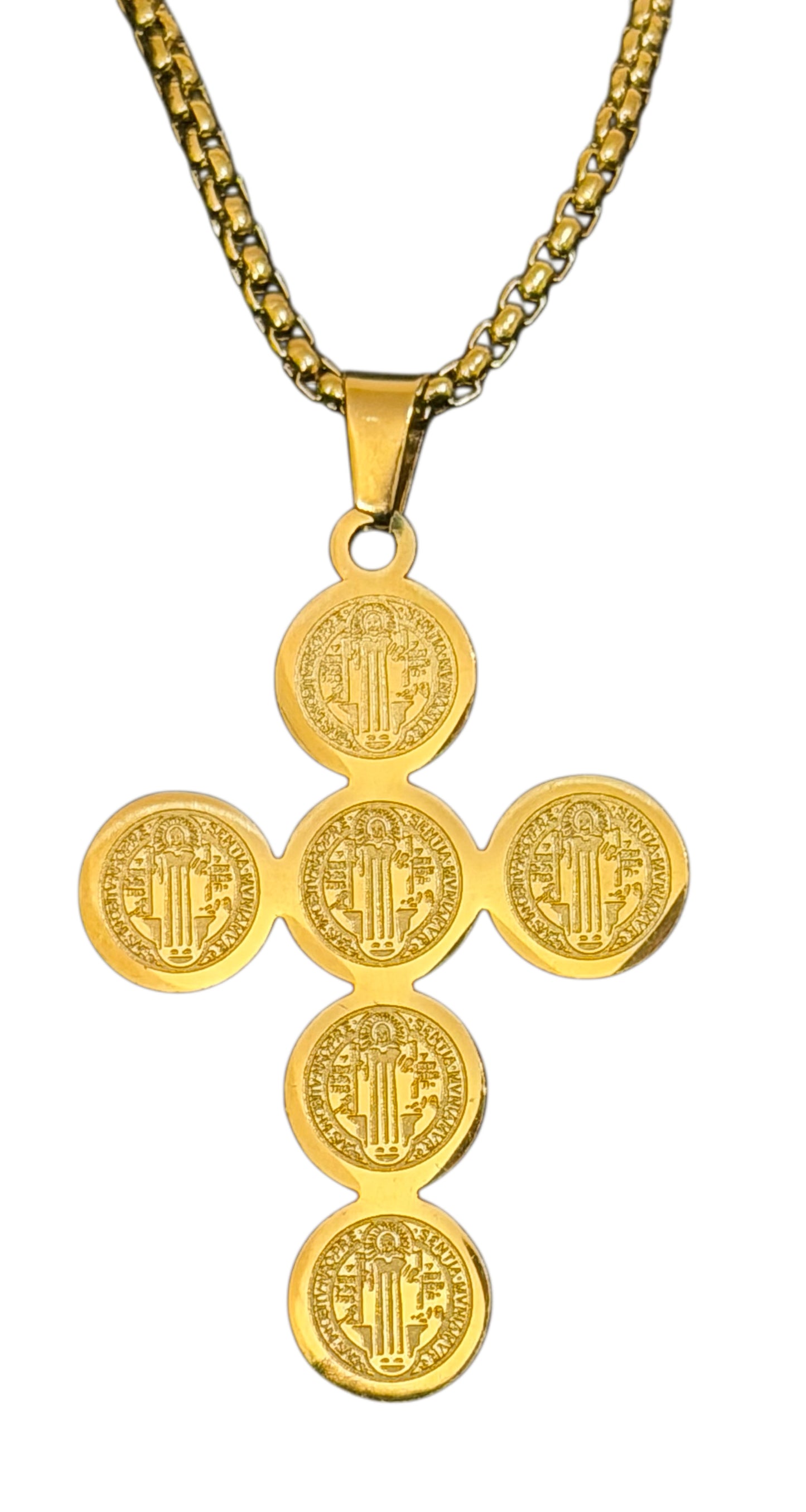 Cadena con dije de San Benito 60cm de largo, Ac. Inox. con chapa de oro 18k