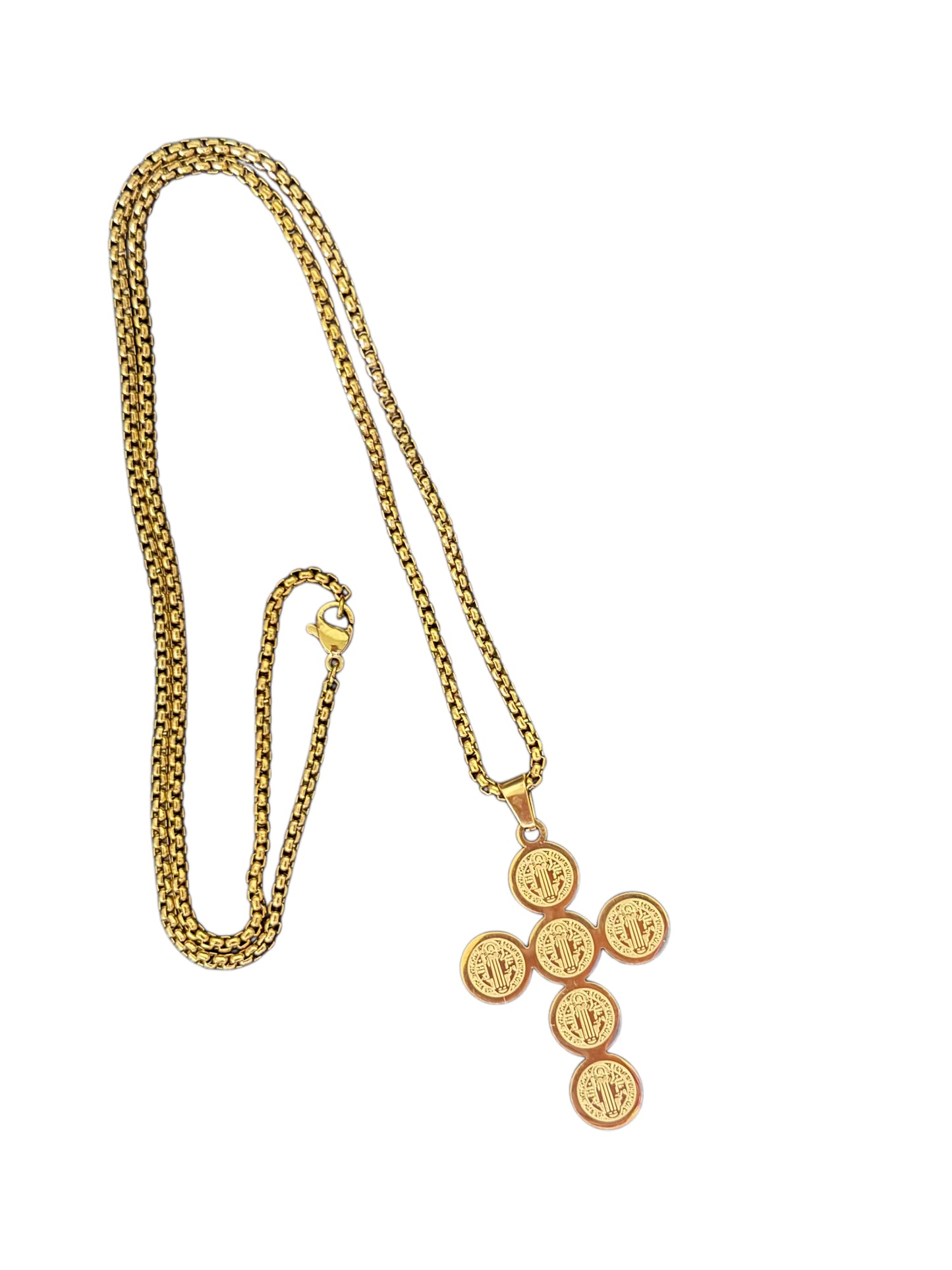 Cadena con dije de San Benito 60cm de largo, Ac. Inox. con chapa de oro 18k