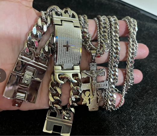 Conjunto Acero Inoxidable 3 piezas, Esclava con el Padre Nuestro, cadena cubana y cadena con dije de Cruz de caravaca