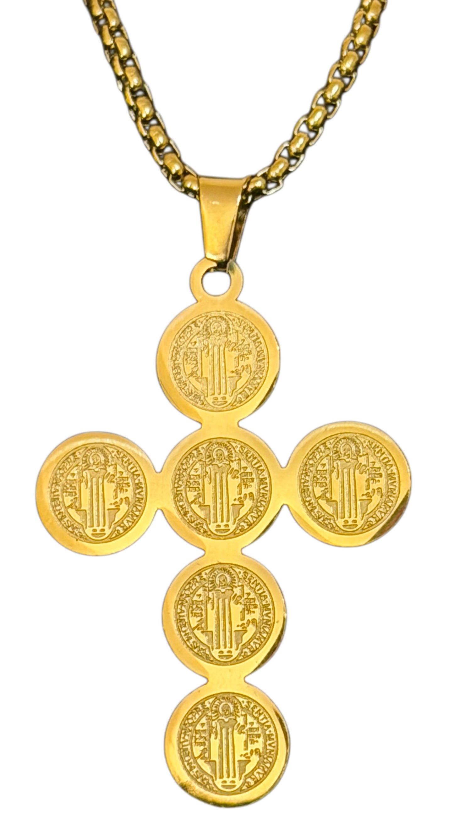 Cadena con dije de San Benito 60cm de largo, Ac. Inox. con chapa de oro 18k
