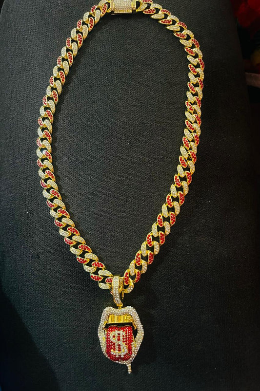 Cadena cubana con dije de boca con $$ Dollar, color dorado con rojo, aleación de acero