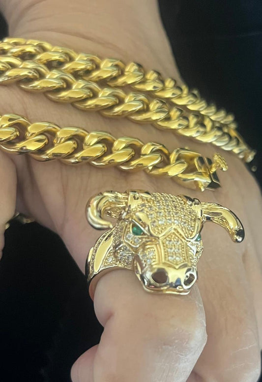 Conjunto de cadena 10mm x 52 cms acero inoxidable con chapa de oro 18 k incluye 1 anillo Cabeza Toro
