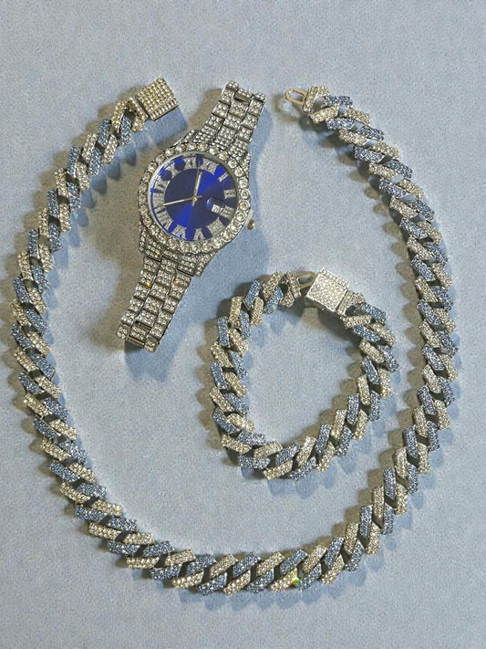 Conjunto de joyería cubana incluye 3 piezas, reloj, esclava y cadena,