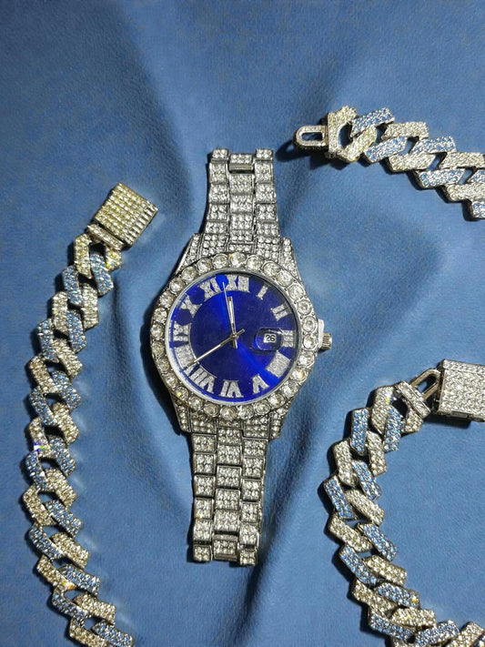 Conjunto de joyería cubana incluye 3 piezas, reloj, esclava y cadena,