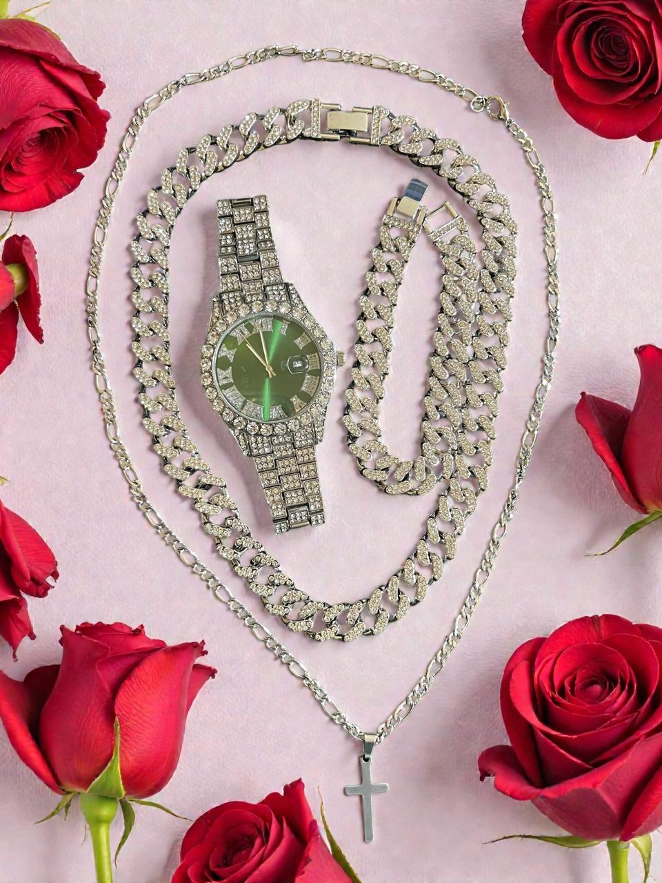 Conjunto de joyería estilo cubano de aleación de acero con incrustación de pedrería en color plata