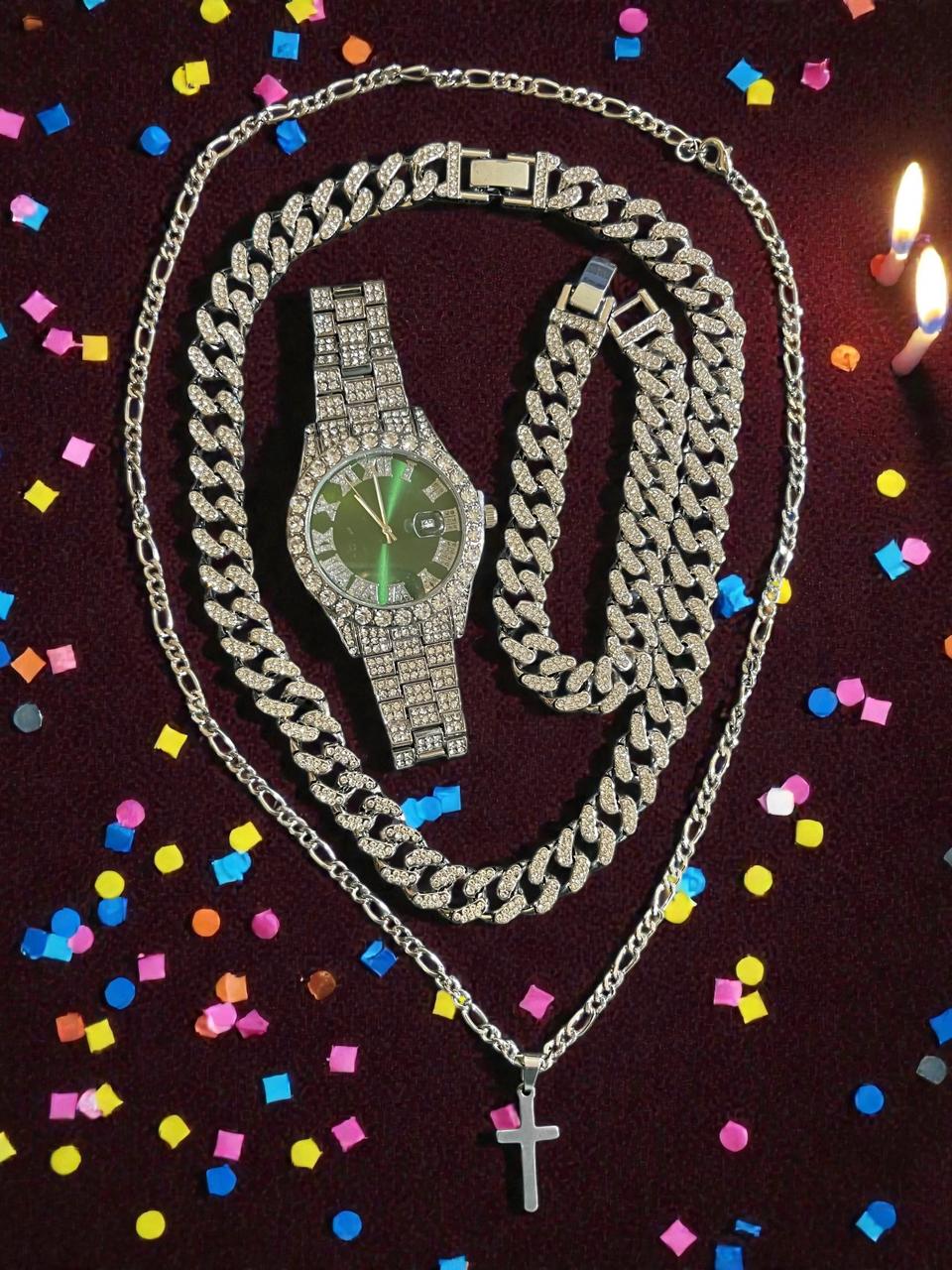 Conjunto de joyería estilo cubano de aleación de acero con incrustación de pedrería en color plata
