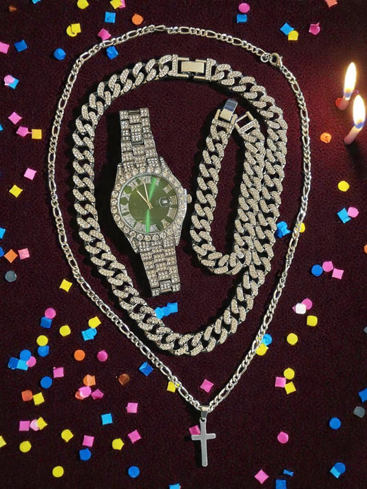 Conjunto de joyería estilo cubano de aleación de acero con incrustación de pedrería en color plata