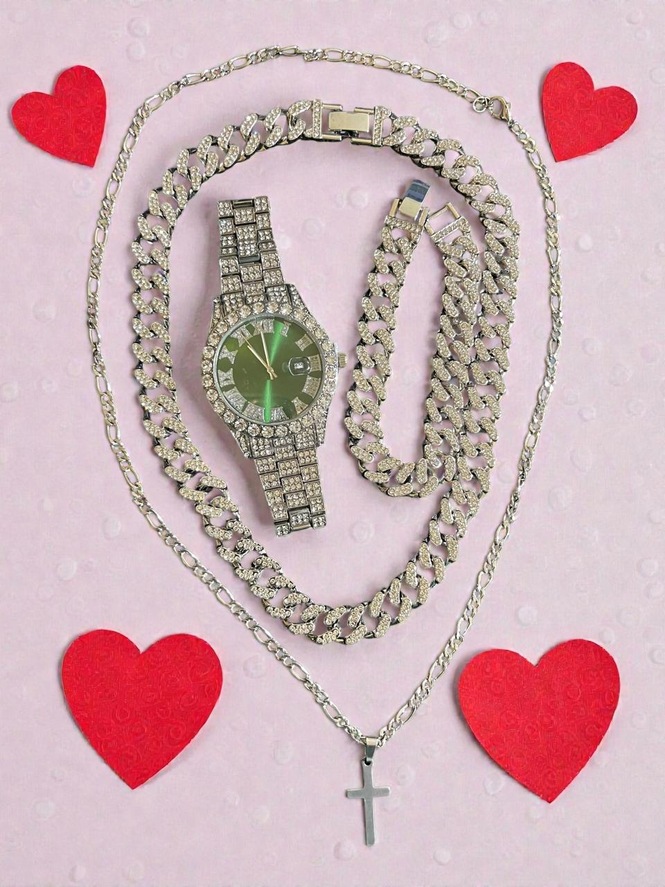 Conjunto de joyería estilo cubano de aleación de acero con incrustación de pedrería en color plata