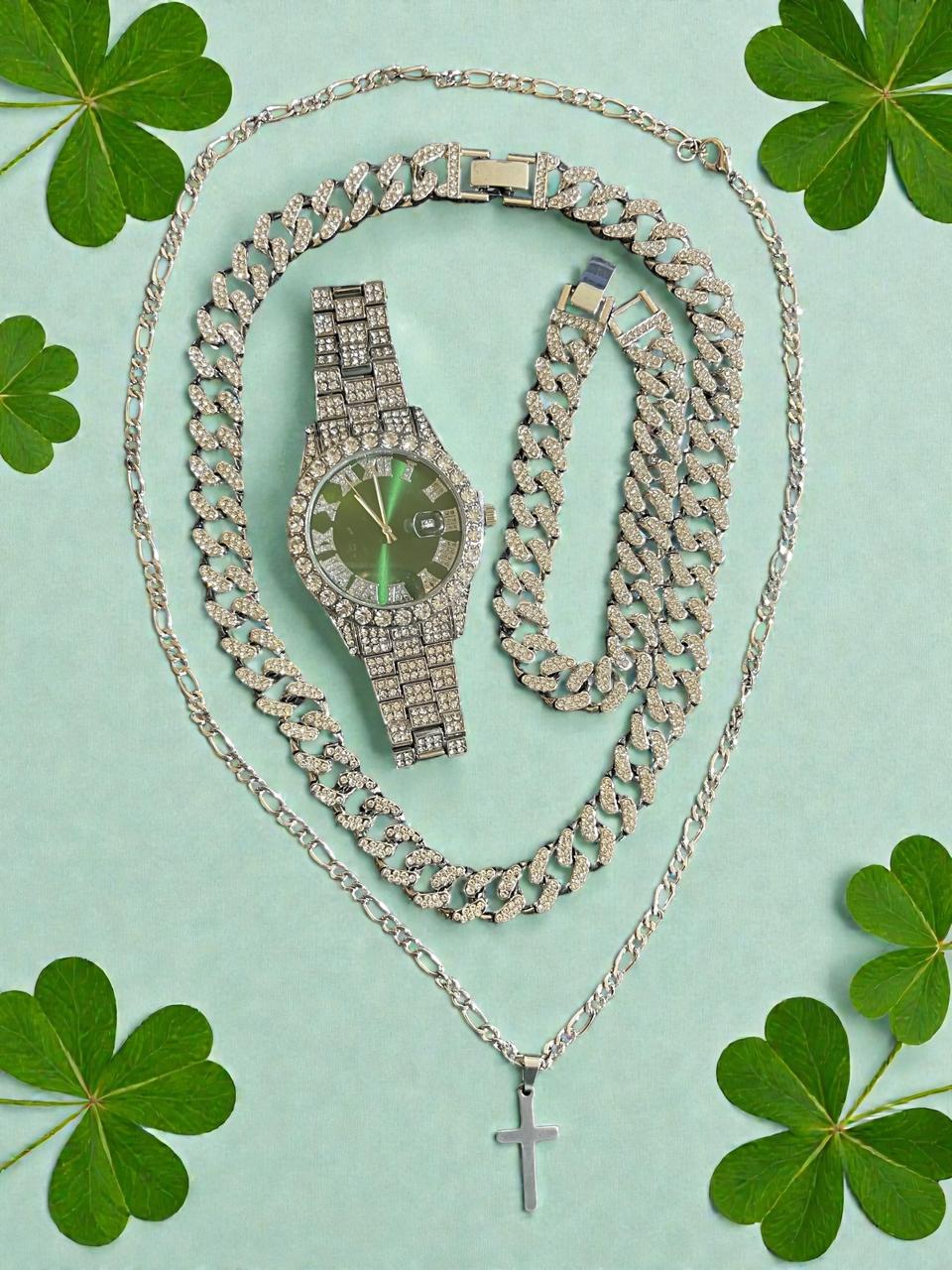 Conjunto de joyería estilo cubano de aleación de acero con incrustación de pedrería en color plata