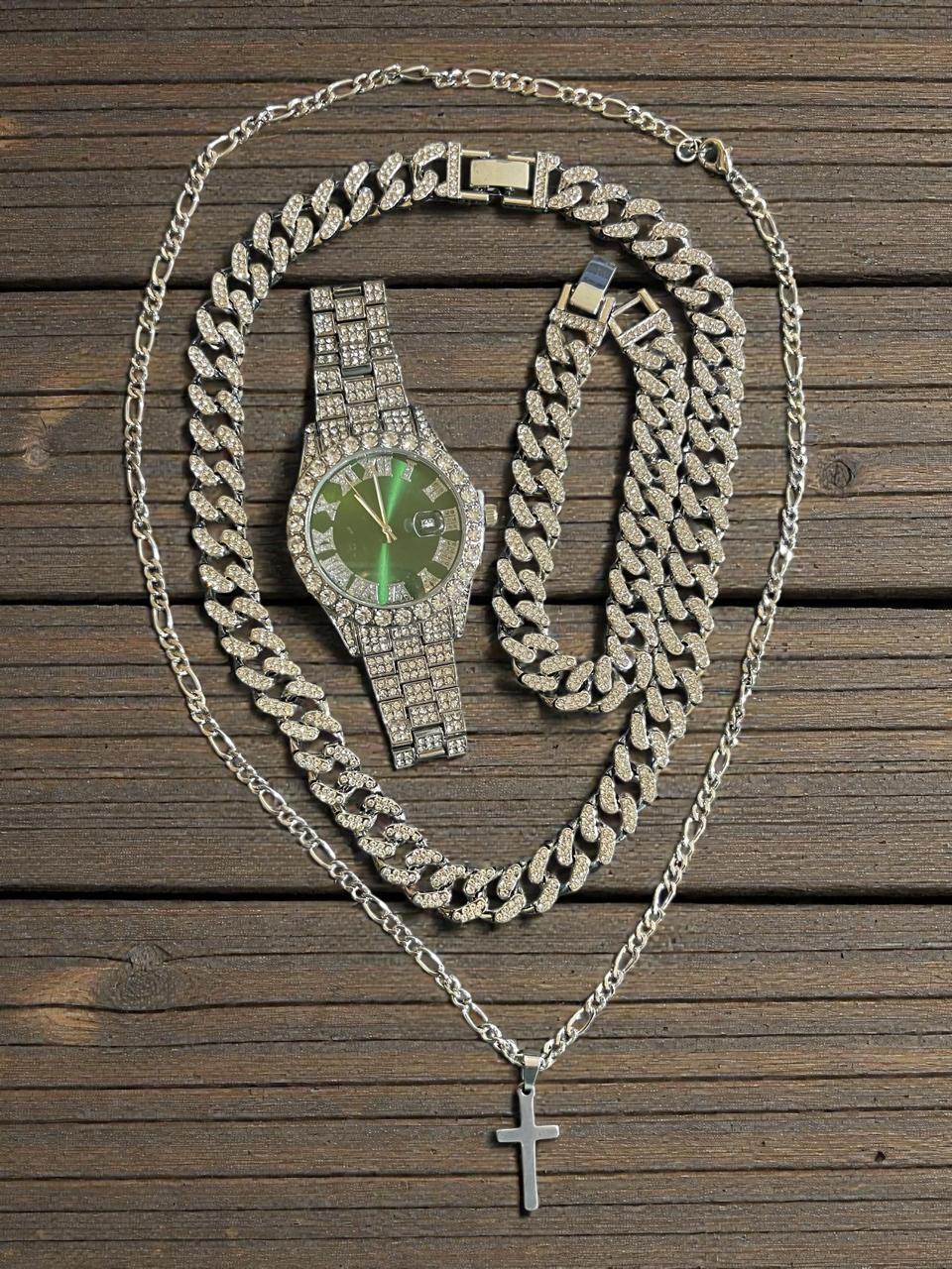 Conjunto de joyería estilo cubano de aleación de acero con incrustación de pedrería en color plata