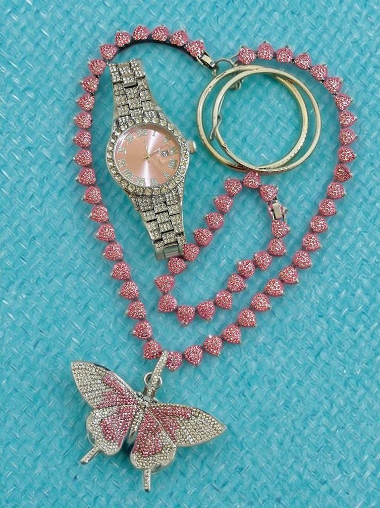 Conjunto de joyería de aleación de acero con incrustación de pedrería color rosa