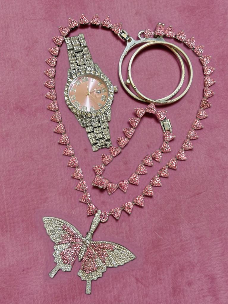 Conjunto de joyería de aleación de acero con incrustación de pedrería color rosa