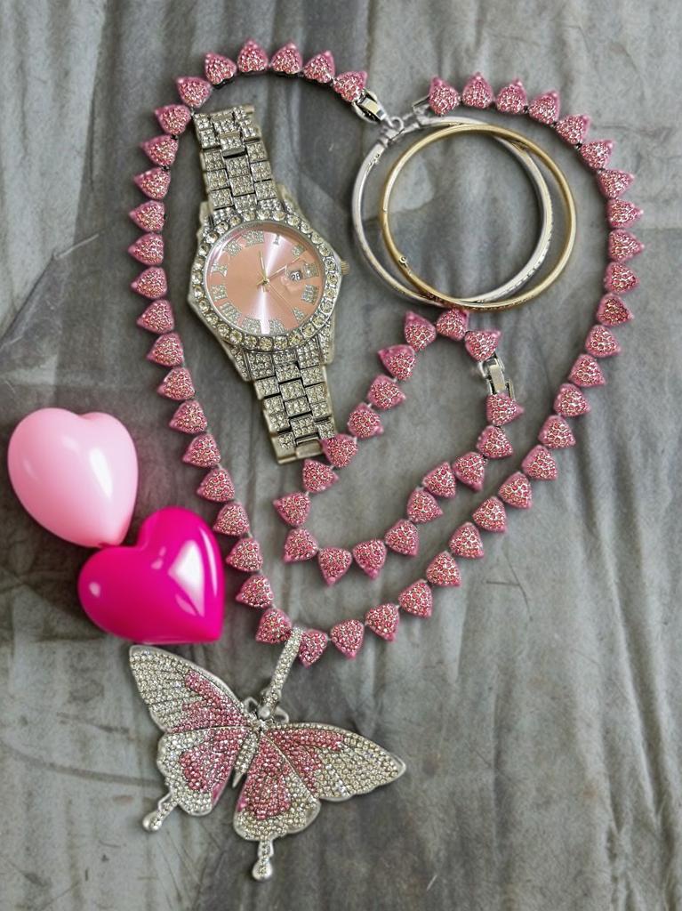 Conjunto de joyería de aleación de acero con incrustación de pedrería color rosa