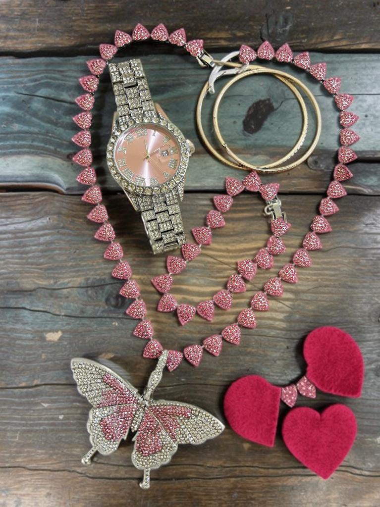 Conjunto de joyería de aleación de acero con incrustación de pedrería color rosa