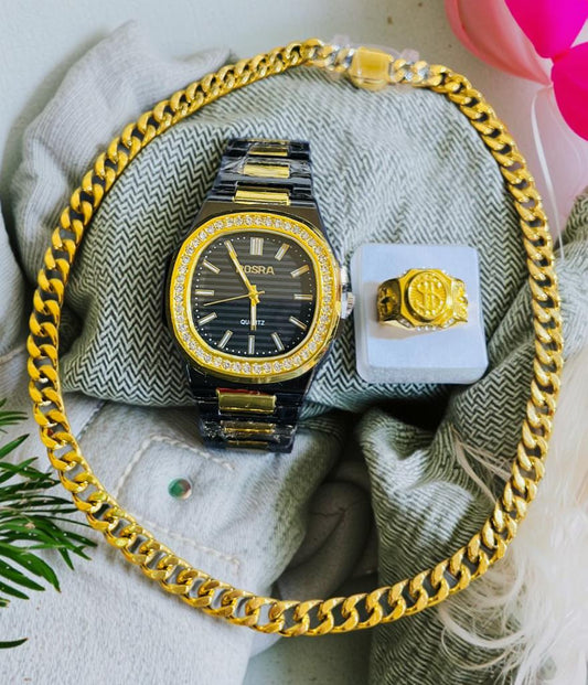 Conjunto de joyería estilo clasico formal, incluye cadena cubana de 8mm por 50cms. con chapa de Oro 18k, Reloj y Anillo del número