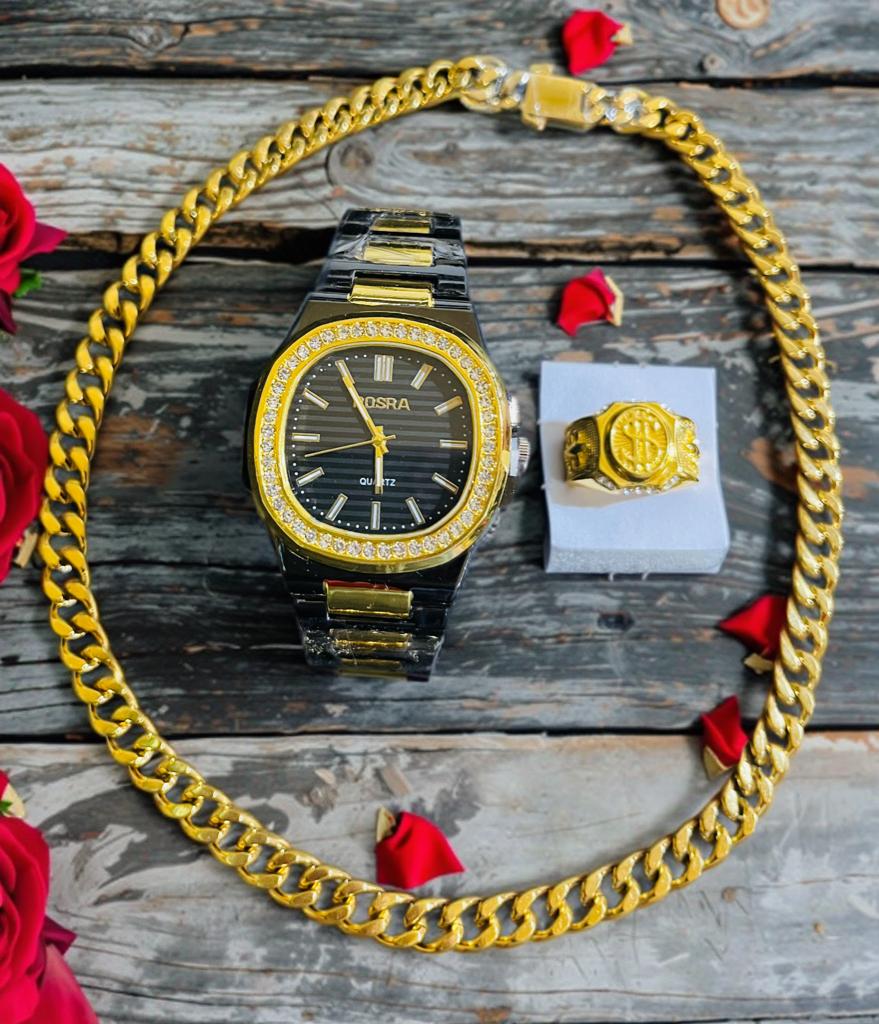 Conjunto de joyería estilo clasico formal, incluye cadena cubana de 8mm por 50cms. con chapa de Oro 18k, Reloj y Anillo del número