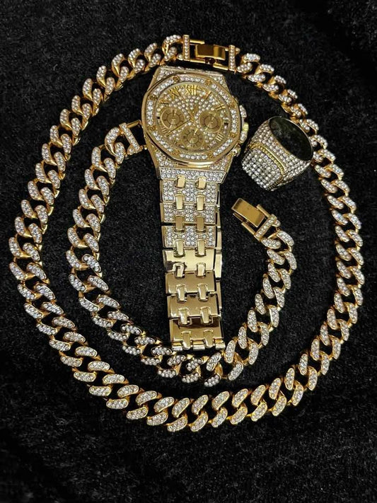 Conjunto de joyería cubana incluye reloj, esclava ,cadena y anillo , aleación de acero, con incrustación de pedrería