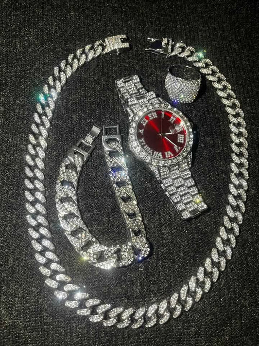 Conjunto de joyería estilo cubano, incluye reloj, esclava, cadena y anillo, color plata, material aleación de acero con incrustación de pedrería, caratula roja