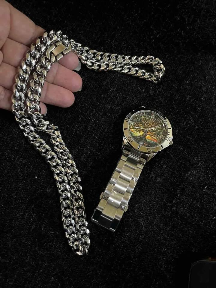 Conjunto de joyería de 2 pieza de acero inoxidable reloj carátula diseño de arbol de la abundancia y cadena de 10 mm de ancho por 60 centímetros de largo,