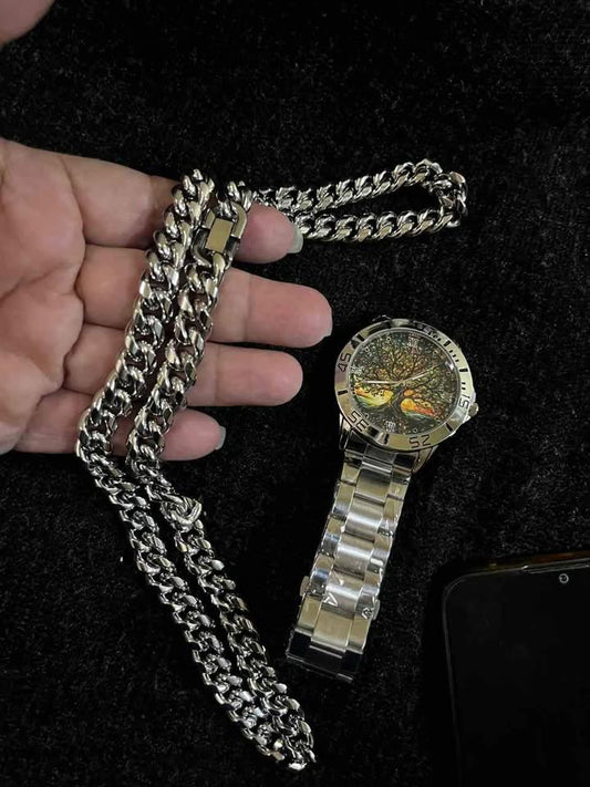 Conjunto de joyería de 2 pieza de acero inoxidable reloj carátula diseño de arbol de la abundancia y cadena de 10 mm de ancho por 60 centímetros de largo,
