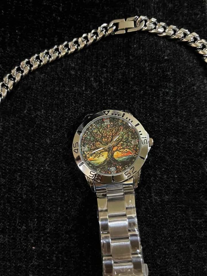 Conjunto de joyería de 2 pieza de acero inoxidable reloj carátula diseño de arbol de la abundancia y cadena de 10 mm de ancho por 60 centímetros de largo,