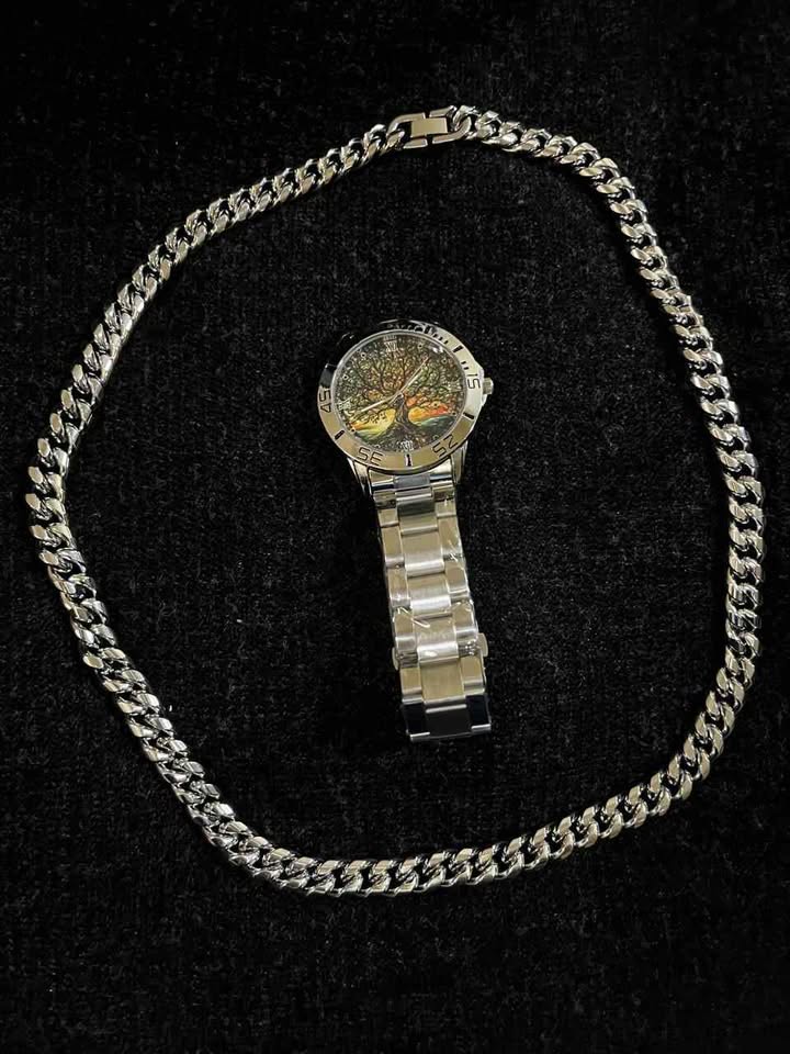 Conjunto de joyería de 2 pieza de acero inoxidable reloj carátula diseño de arbol de la abundancia y cadena de 10 mm de ancho por 60 centímetros de largo,