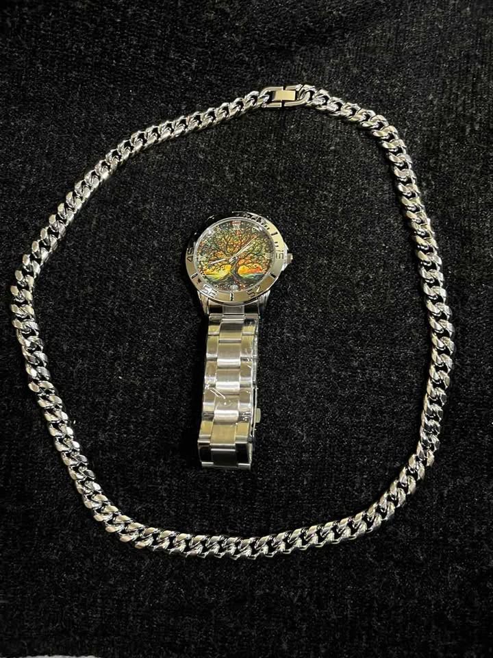 Conjunto de joyería de 2 pieza de acero inoxidable reloj carátula diseño de arbol de la abundancia y cadena de 10 mm de ancho por 60 centímetros de largo,