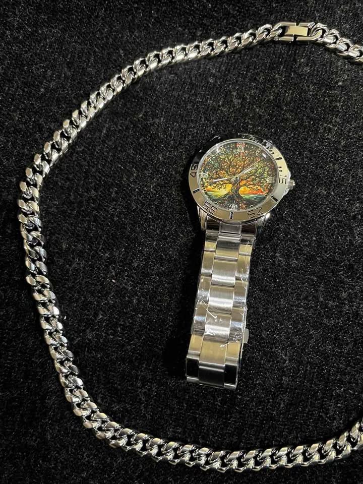 Conjunto de joyería de 2 pieza de acero inoxidable reloj carátula diseño de arbol de la abundancia y cadena de 10 mm de ancho por 60 centímetros de largo,