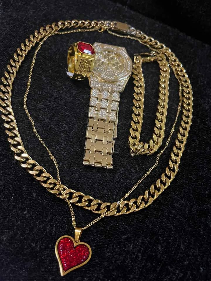 Conjunto de joyería de acero inoxidable, incluye cadena y esclava chapadas en oro de 18 k