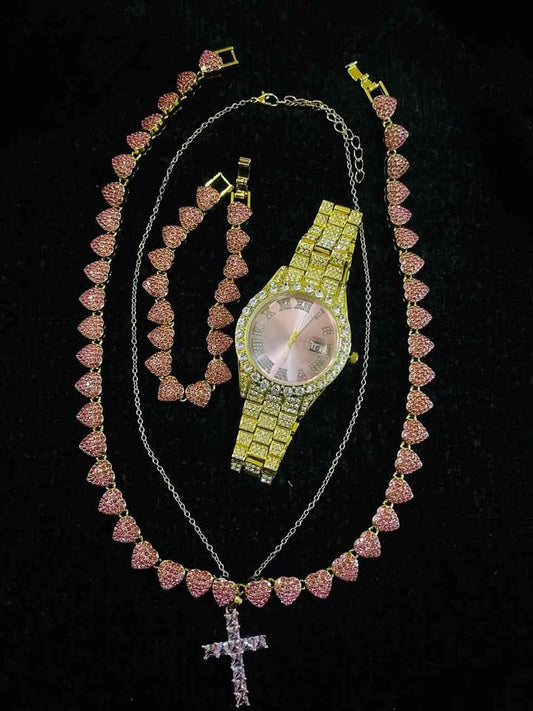 Conjunto de joyería con detalles en color rosa, incrustación de pedrería color rosa