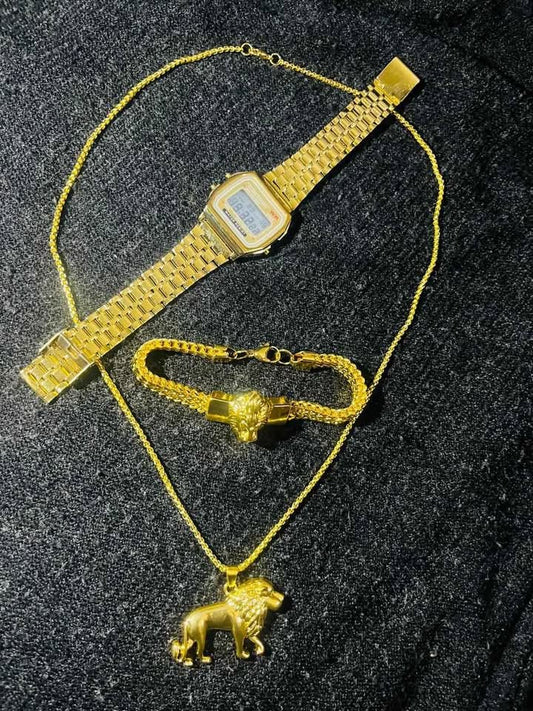 Conjunto de joyería de acero inoxidable color dorado incluye esclava con detalle de Leon, cadena con dije de Leon y reloj digital dorado