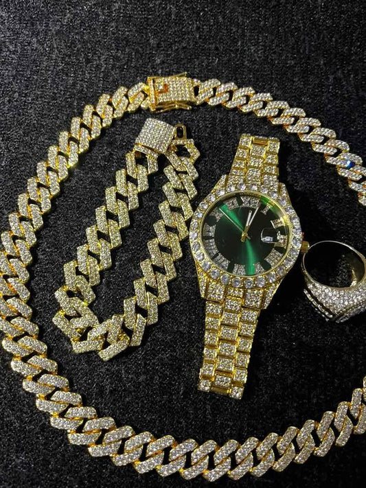 Conjunto de joyería estilo cubano de aleación de acero color dorado, reloj carátula verde