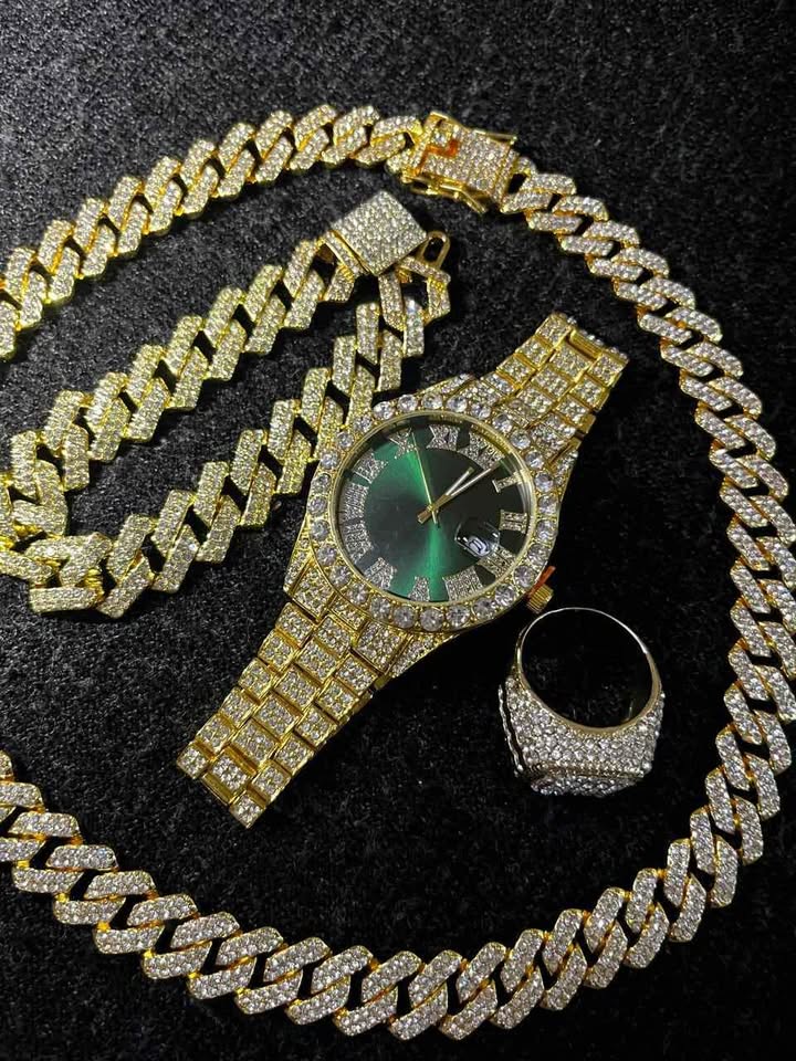 Conjunto de joyería estilo cubano de aleación de acero color dorado, reloj carátula verde